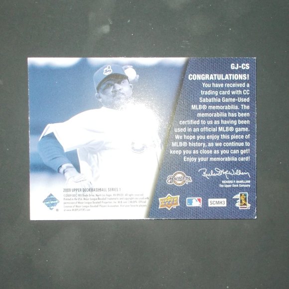 2009 Upper Deck CC Sabathia Game Worn Relic Card - Picture 2 of 2